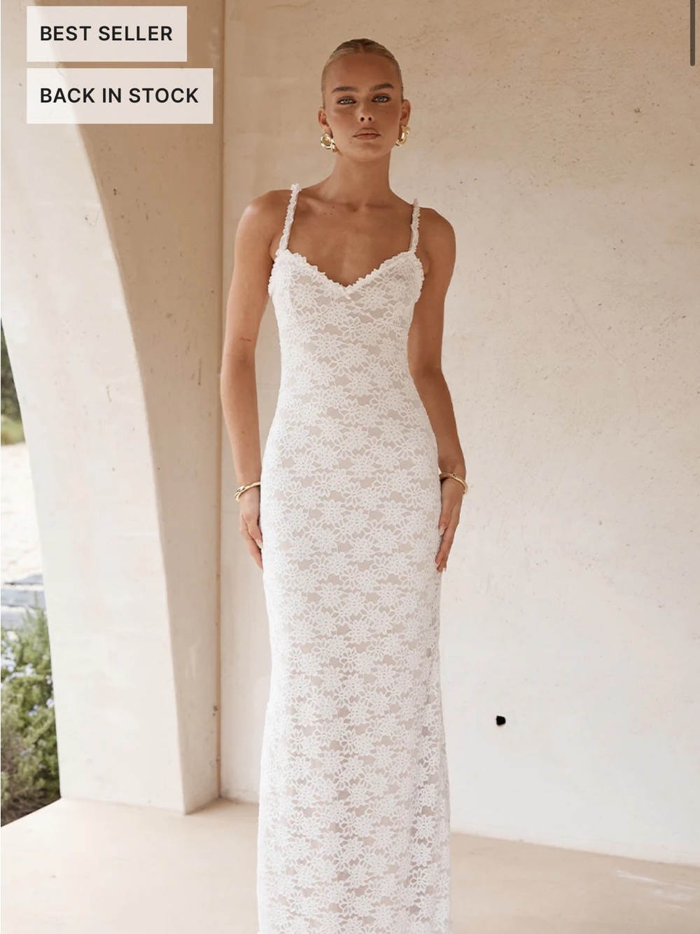 RUNAWAY THE LABEL
SARTA MAXI DRESS - WHITE White Lace Spaghetti-Strap Maxi Dress